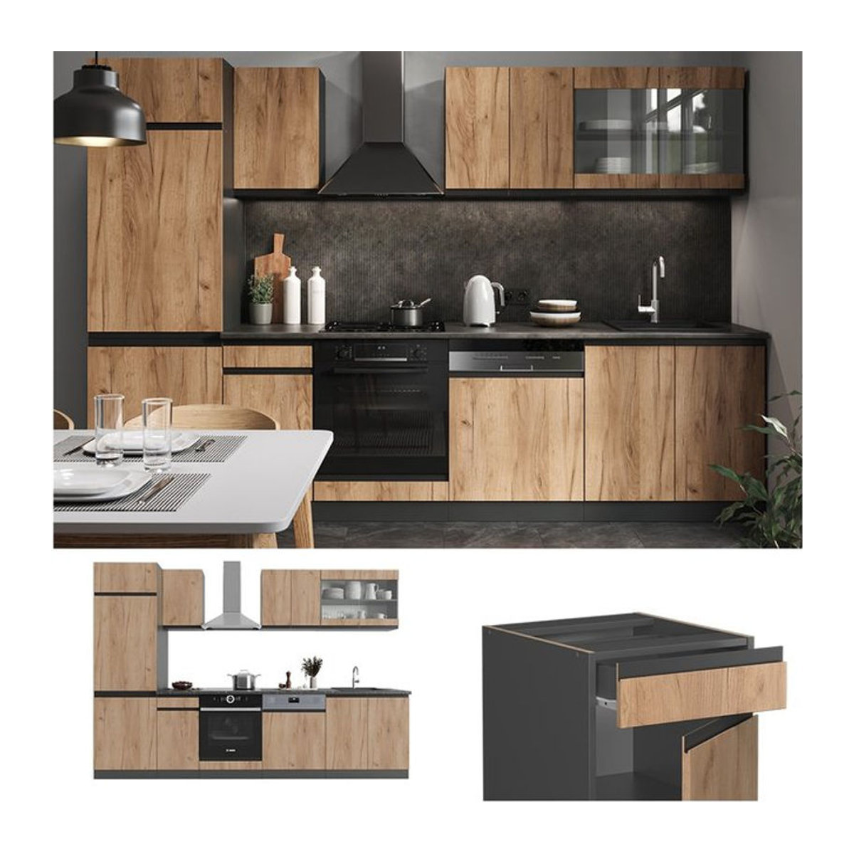 Vicco Küchenzeile R-Line J-Shape Einbauküche in Anthrazit und Eiche Natur, Breite: 300 cm - Bild 1