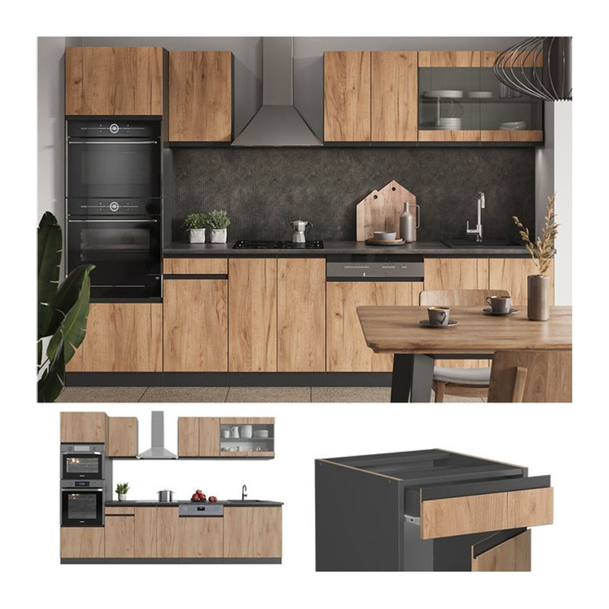 Vicco Küchenzeile R-Line J-Shape in Anthrazit und Eiche, moderne Einbauküche mit Drehtüren, Breite: 300 cm - Bild 1