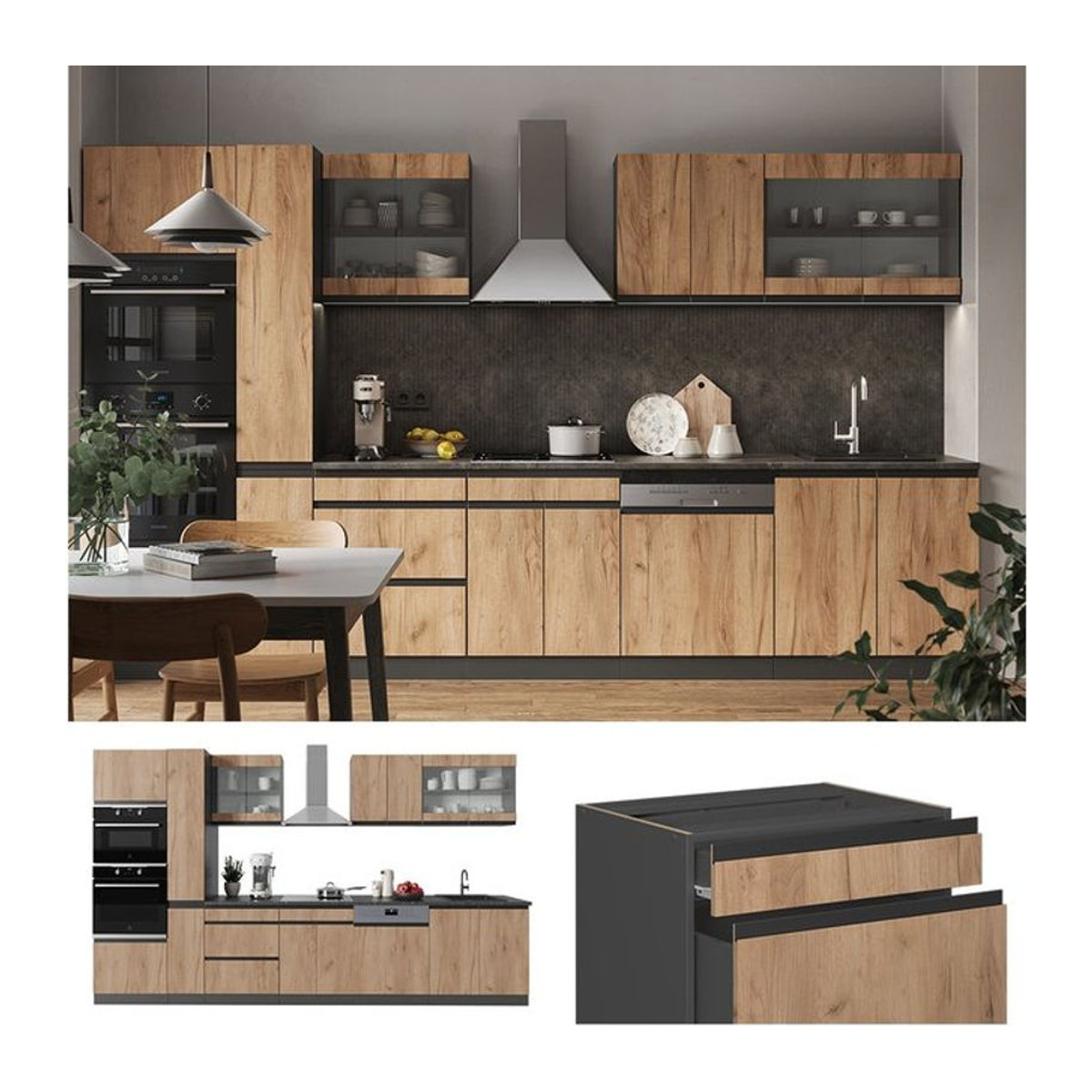 Vicco Küchenzeile R-Line J-Shape in Anthrazit und Eiche Natur, 350 cm Breite - Bild 1