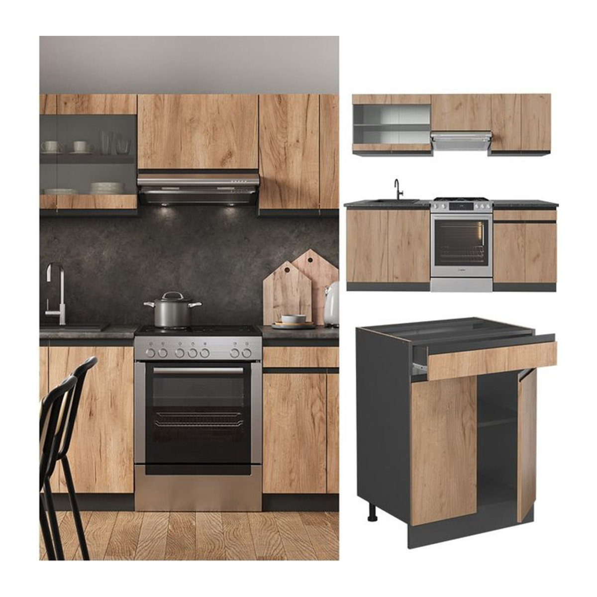 Vicco Küchenzeile R-Line J-Shape in Anthrazit und Eiche Natur, moderne Einbauküche mit Drehtüren, Breite: 200 cm - Bild 1