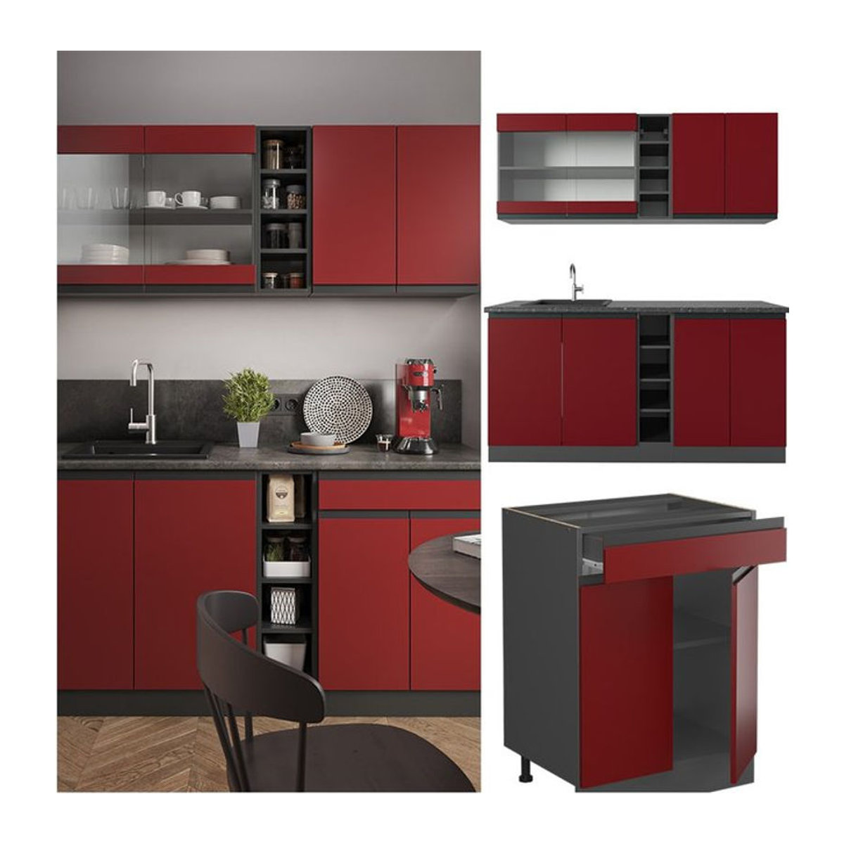 Vicco Küchenzeile R-Line J-Shape in Anthrazit und Rot mit 160 cm Breite - Bild 1