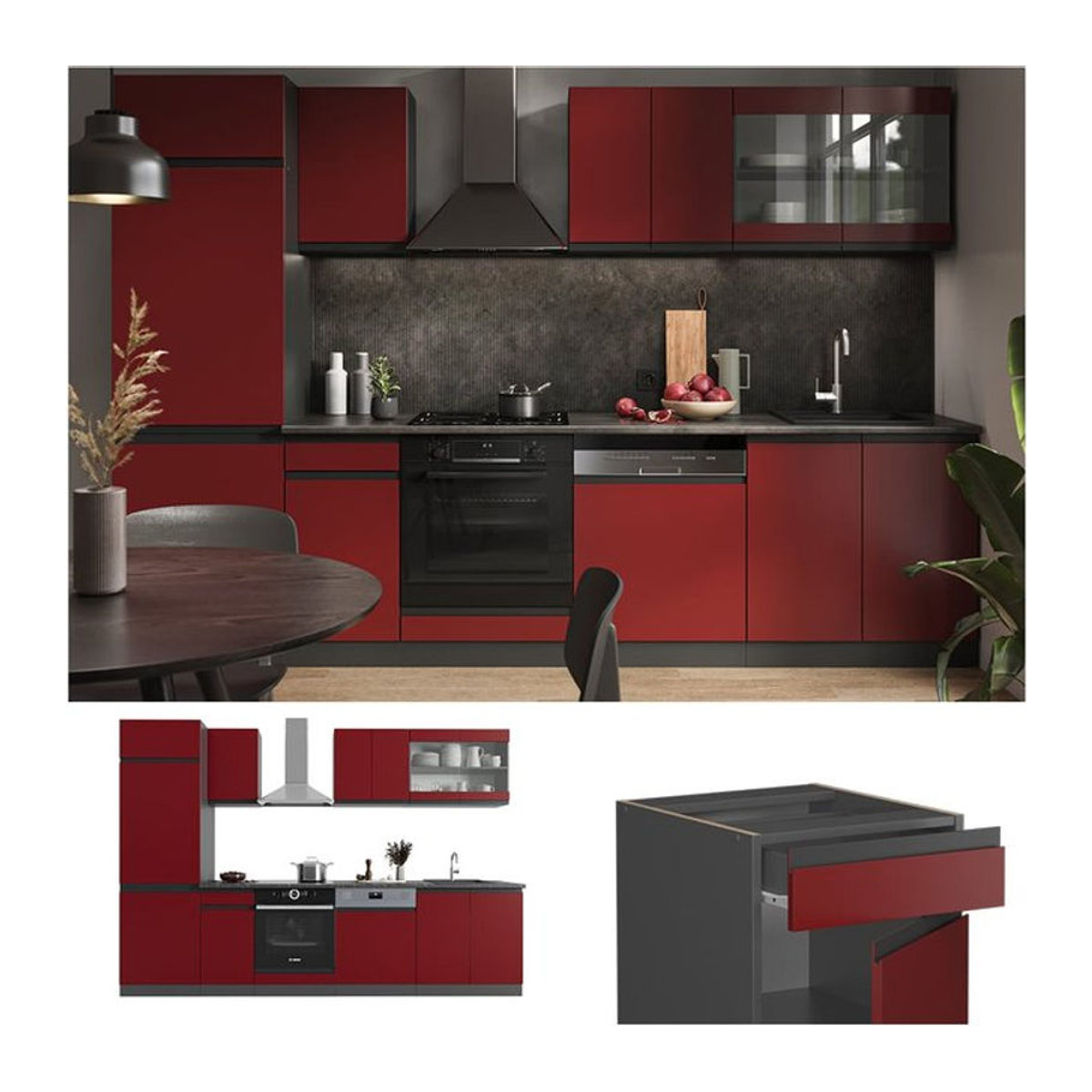 Vicco Küchenzeile R-Line J-Shape in Anthrazit und Rot mit 300 cm Breite - Bild 1