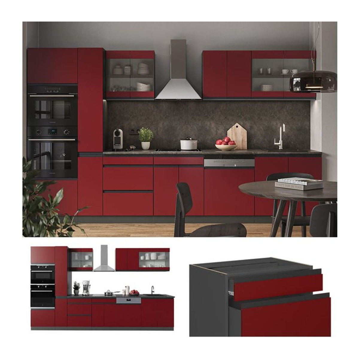 Vicco Küchenzeile R-Line J-Shape in Anthrazit und Rot mit 350 cm Breite - Bild 1