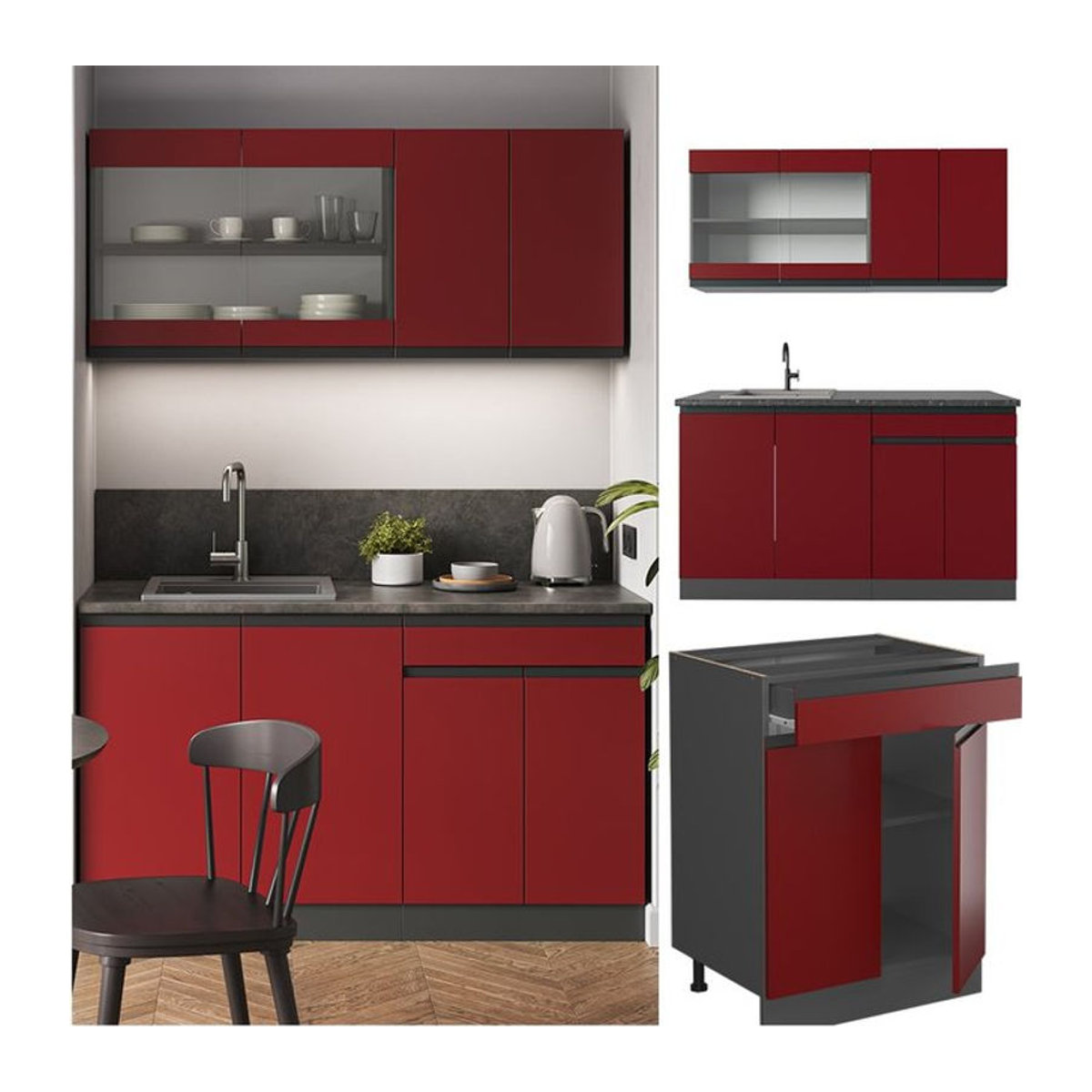 Vicco Küchenzeile R-Line J-Shape in Anthrazit und Rot mit Drehtüren, Breite: 140 cm - Bild 1