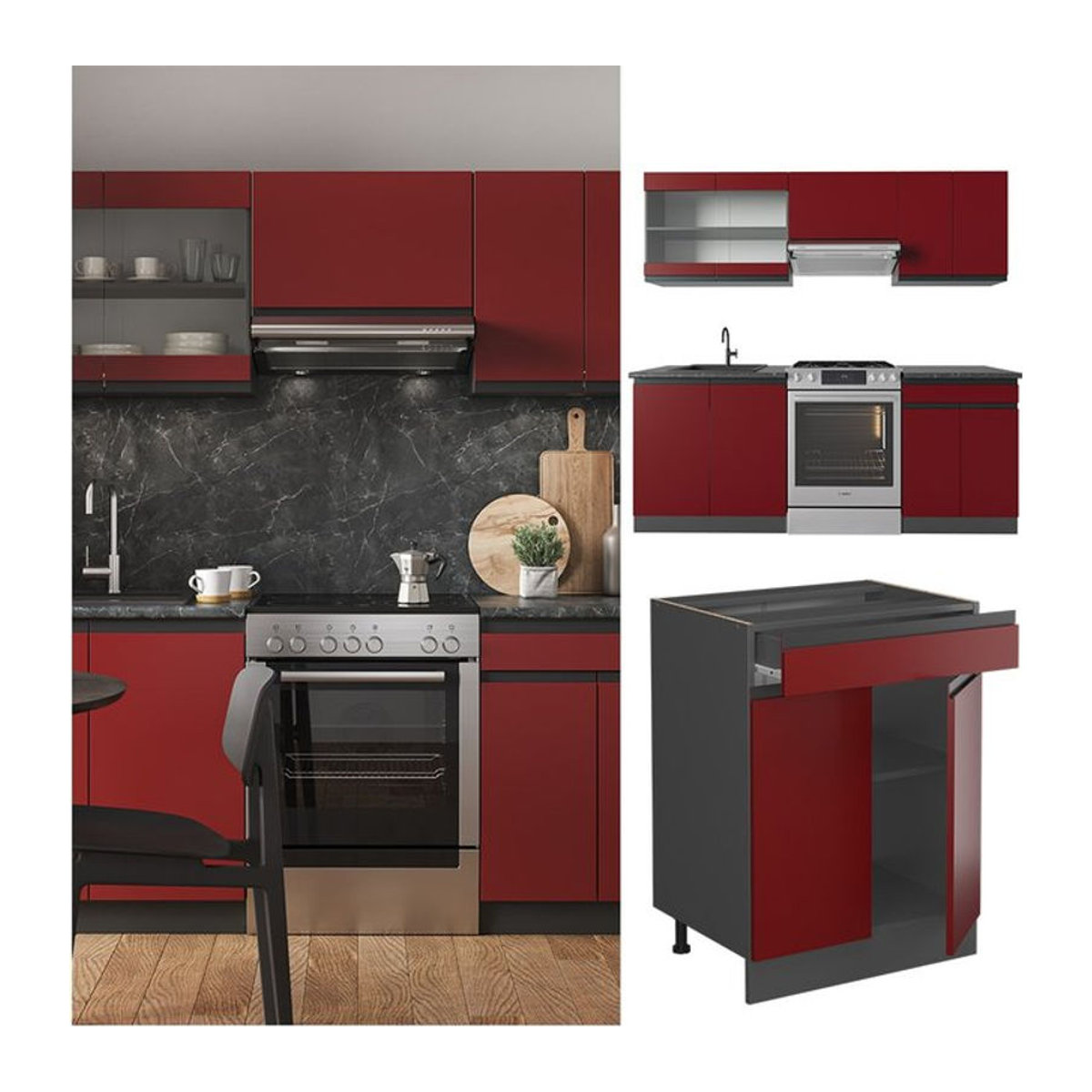 Vicco Küchenzeile R-Line J-Shape in Anthrazit und Rot, moderne Einbauküche aus Holzwerkstoff mit 200 cm Breite - Bild 1