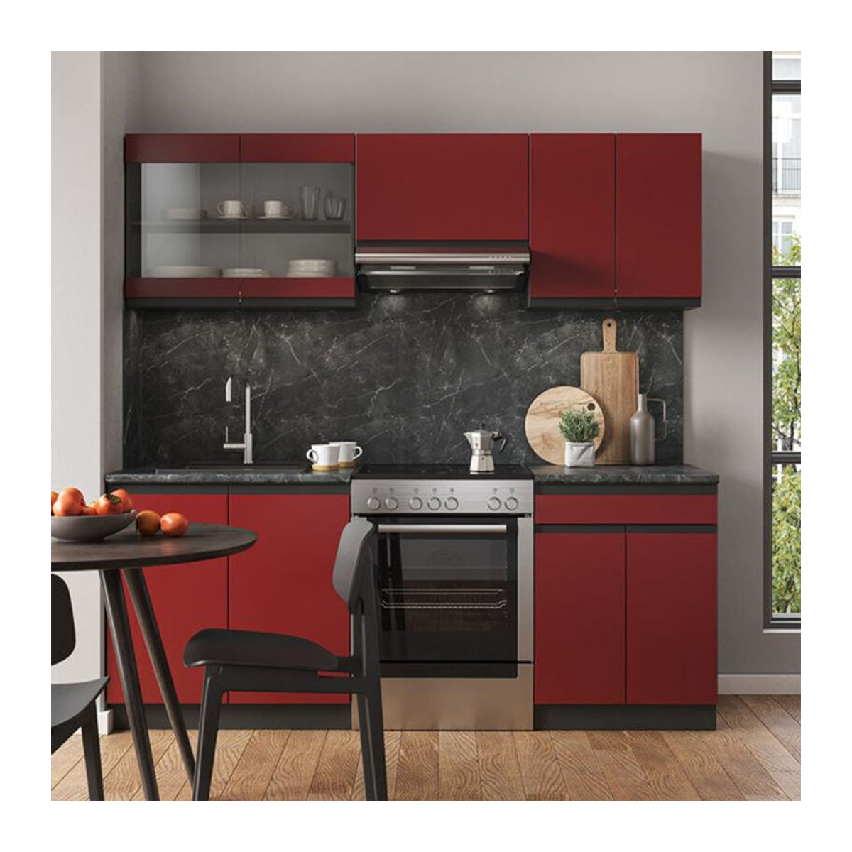 Vicco Küchenzeile R-Line J-Shape in Anthrazit und Rot, moderne Einbauküche aus Holzwerkstoff mit 200 cm Breite - Bild 2