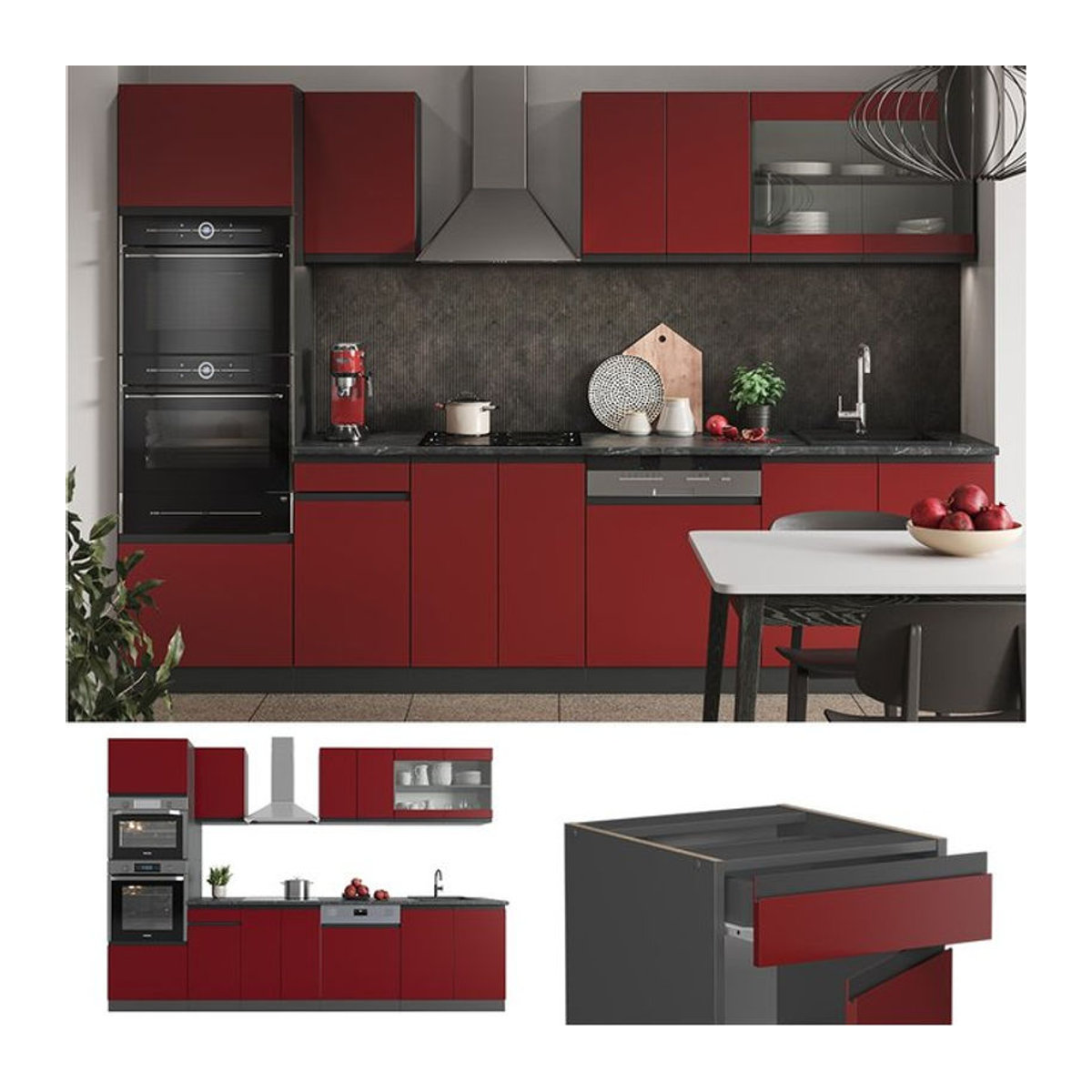 Vicco Küchenzeile R-Line J-Shape in Anthrazit und Rot, moderne Einbauküche aus Holzwerkstoff mit 300 cm Breite - Bild 1