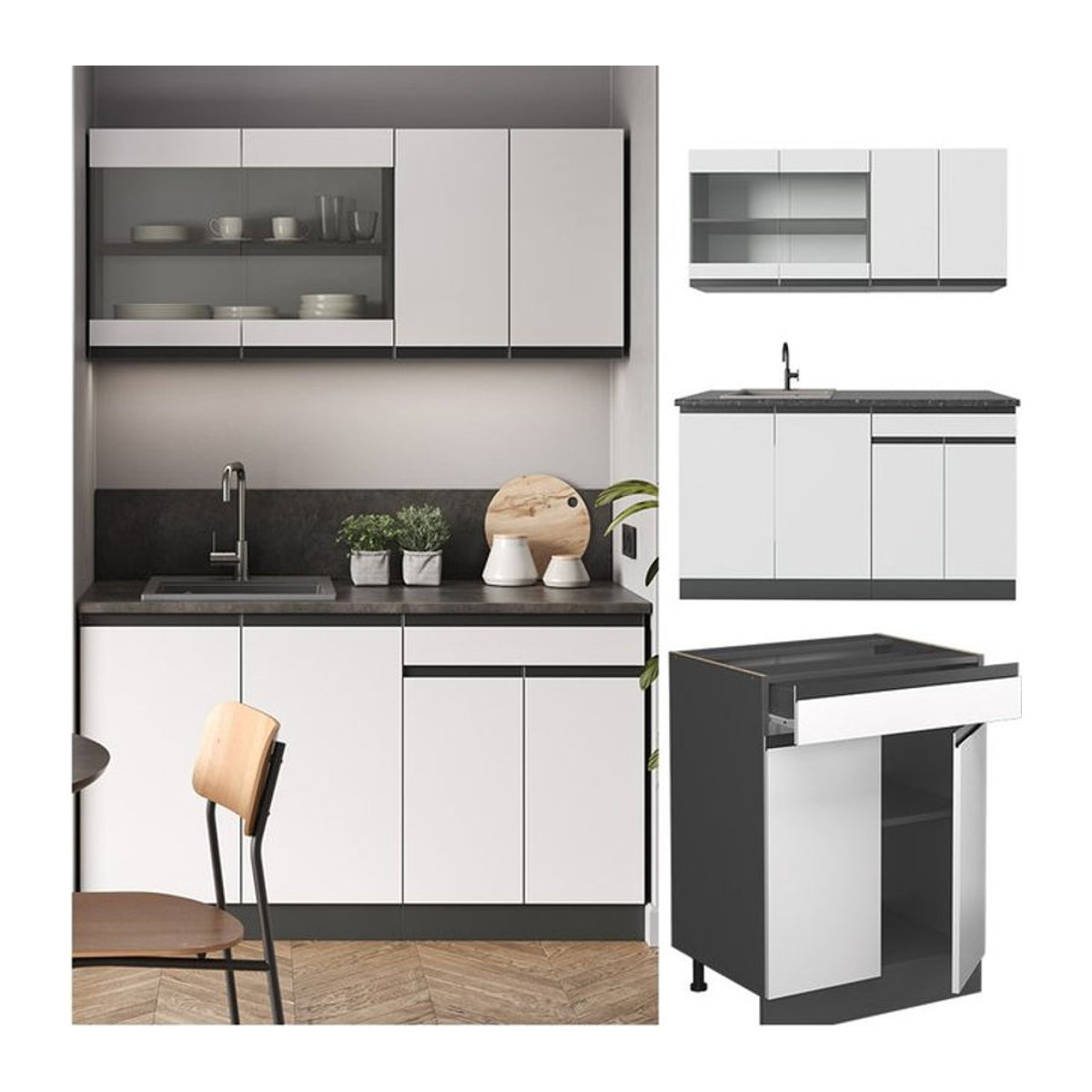 Vicco Küchenzeile R-Line J-Shape in Anthrazit und Weiß, 140 cm Breite - Bild 1
