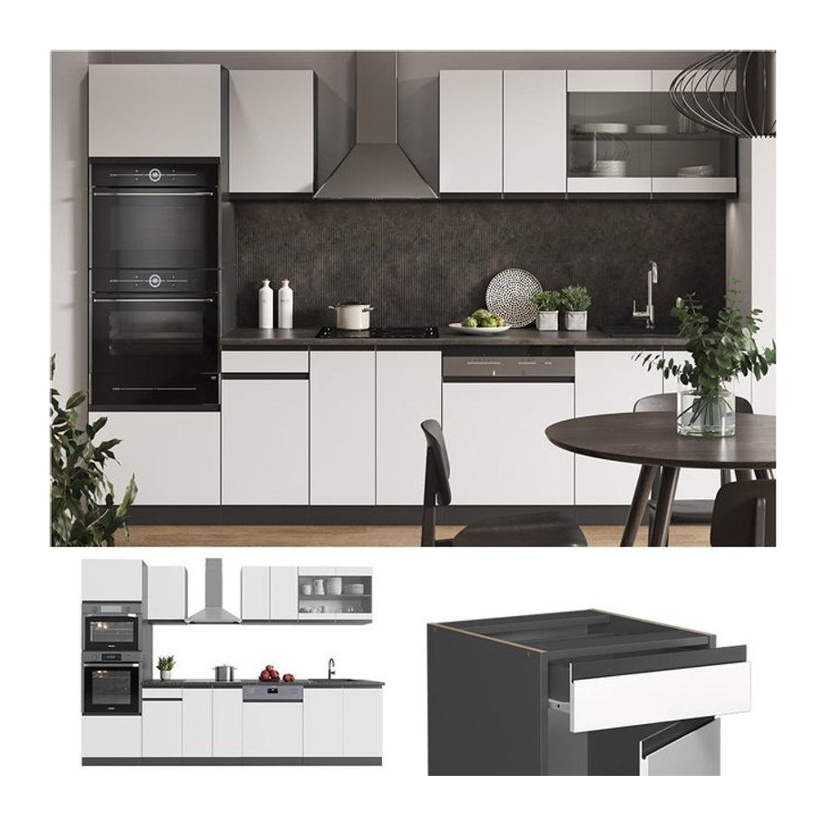 Vicco Küchenzeile R-Line J-Shape in Anthrazit und Weiß, moderne Einbauküche mit Drehtüren, Breite: 300 cm - Bild 1