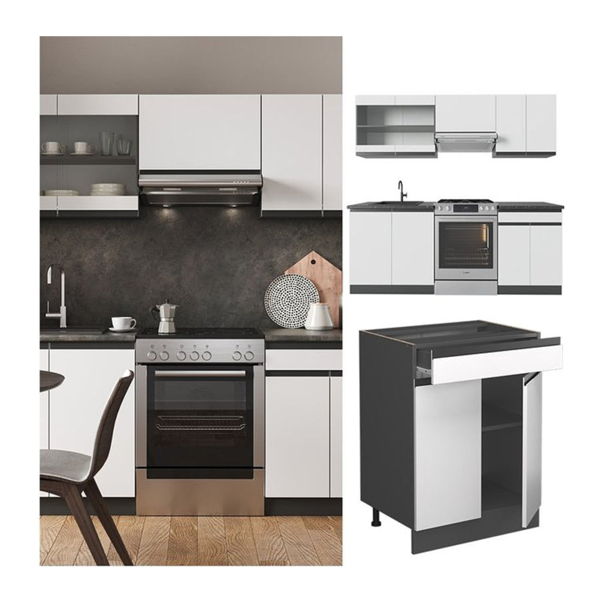 Vicco Küchenzeile R-Line J-Shape in Weiß und Anthrazit, 200 cm Breite, moderne Einbauküche aus Holzwerkstoff - Bild 1
