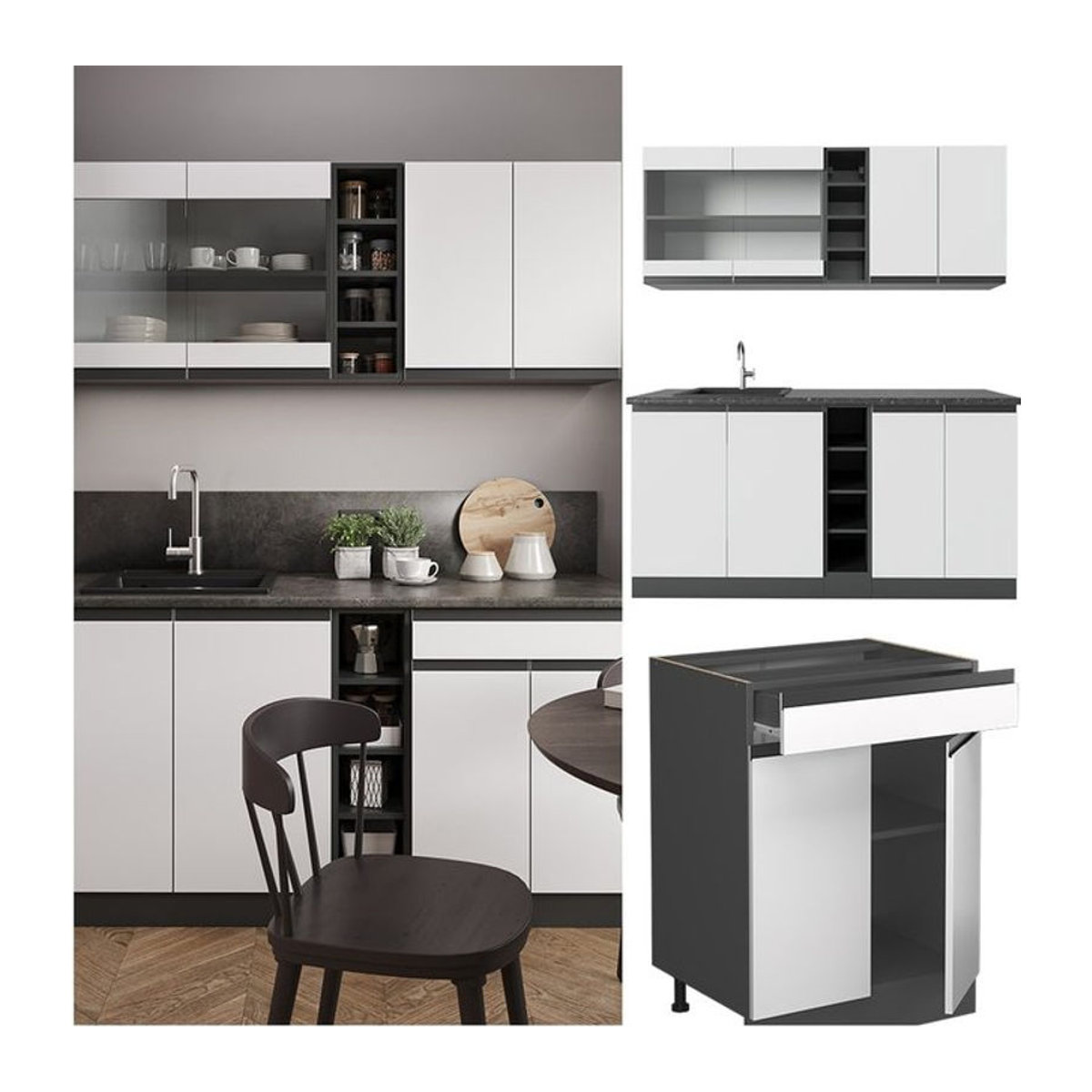 Vicco Küchenzeile R-Line J-Shape in Weiß und Anthrazit, moderne Einbauküche aus Holzwerkstoff, Breite: 160 cm - Bild 1