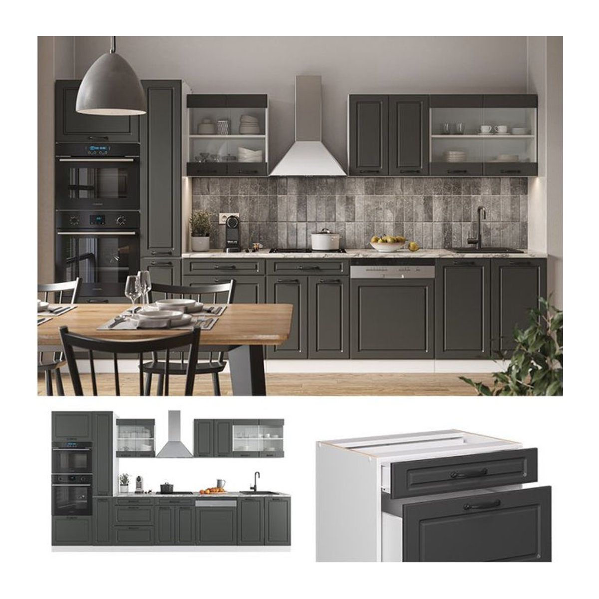 Vicco Küchenzeile R-Line Landhaus-Einbauküche mit Drehtüren, Breite: 350 cm, Weiß Anthrazit - Bild 1