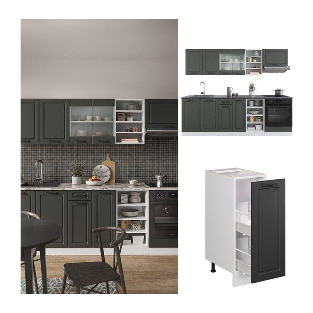 Vicco Küchenzeile R-Line Landhaus Einbauküche mit Drehtüren in Weiß und Anthrazit, Breite: 240 cm - Bild 1