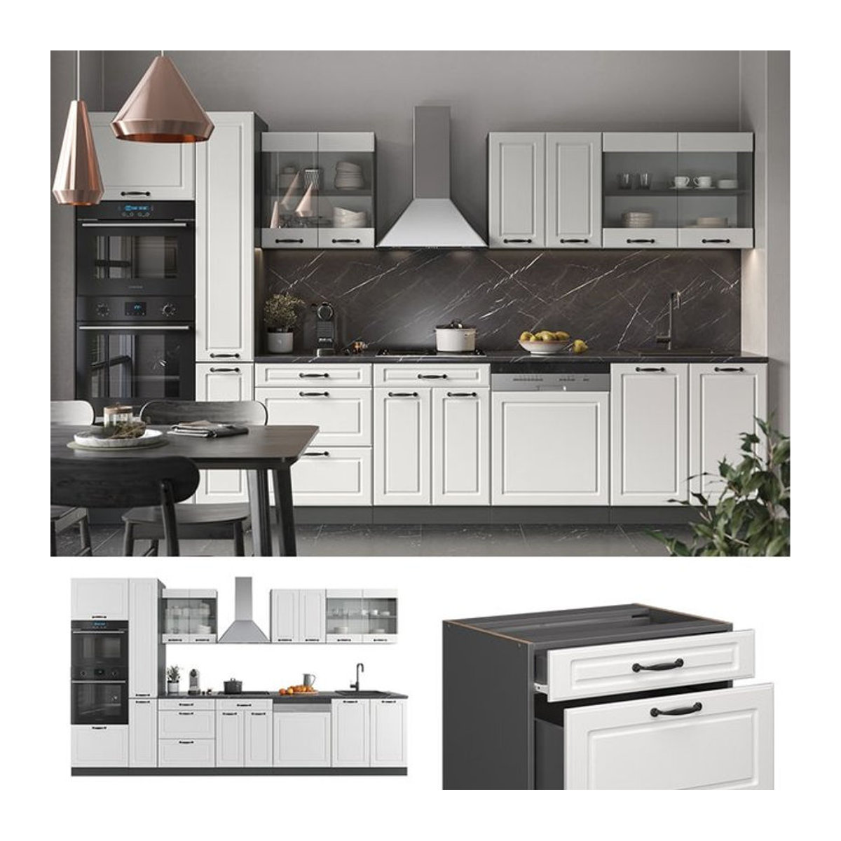 Vicco Küchenzeile R-Line Landhaus im Design Weiß und Anthrazit mit Hochschrank, Breite: 350 cm - Bild 1