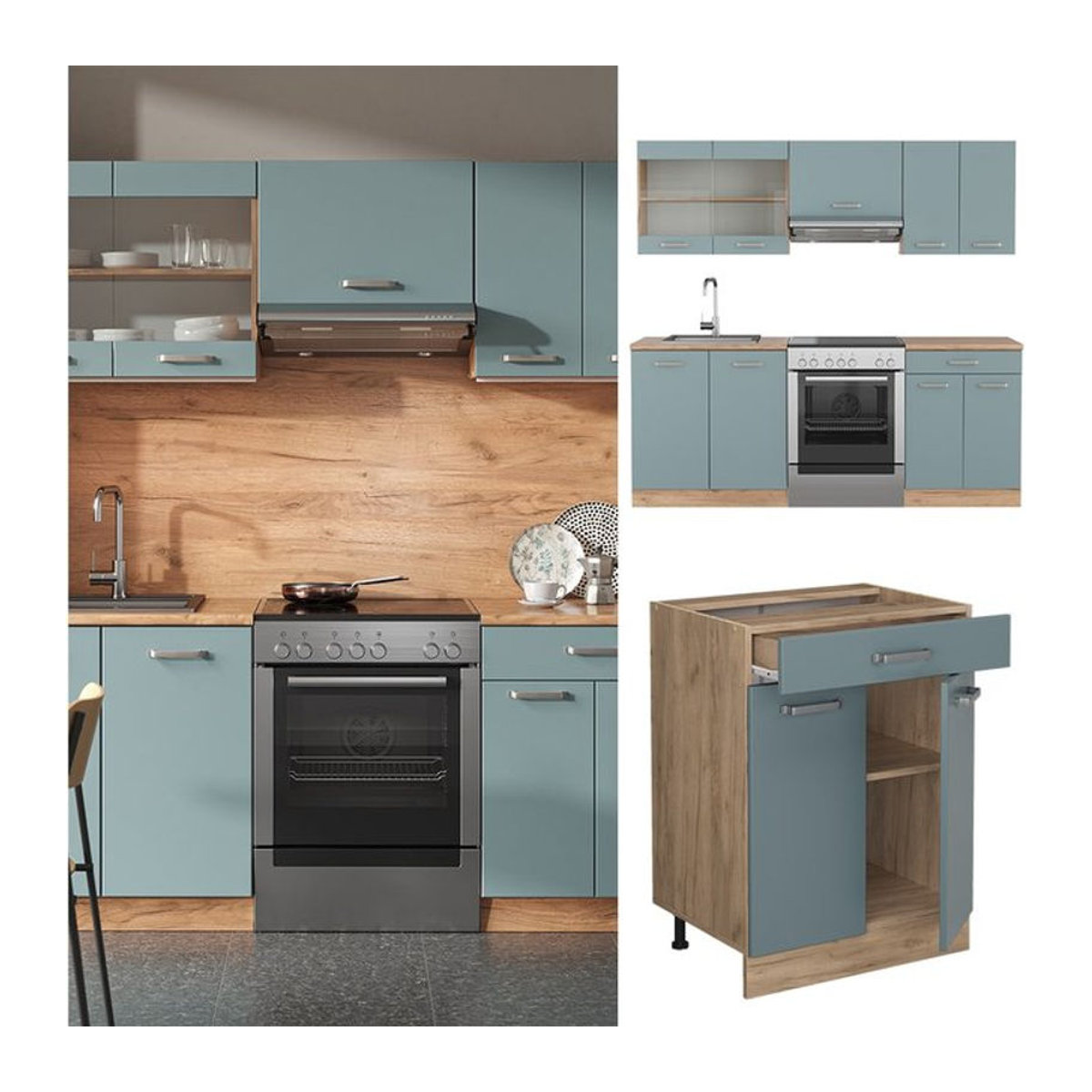 Vicco Küchenzeile R-Line Modern in Eiche Natur, Blau und Grau mit 200 cm Breite - Bild 1