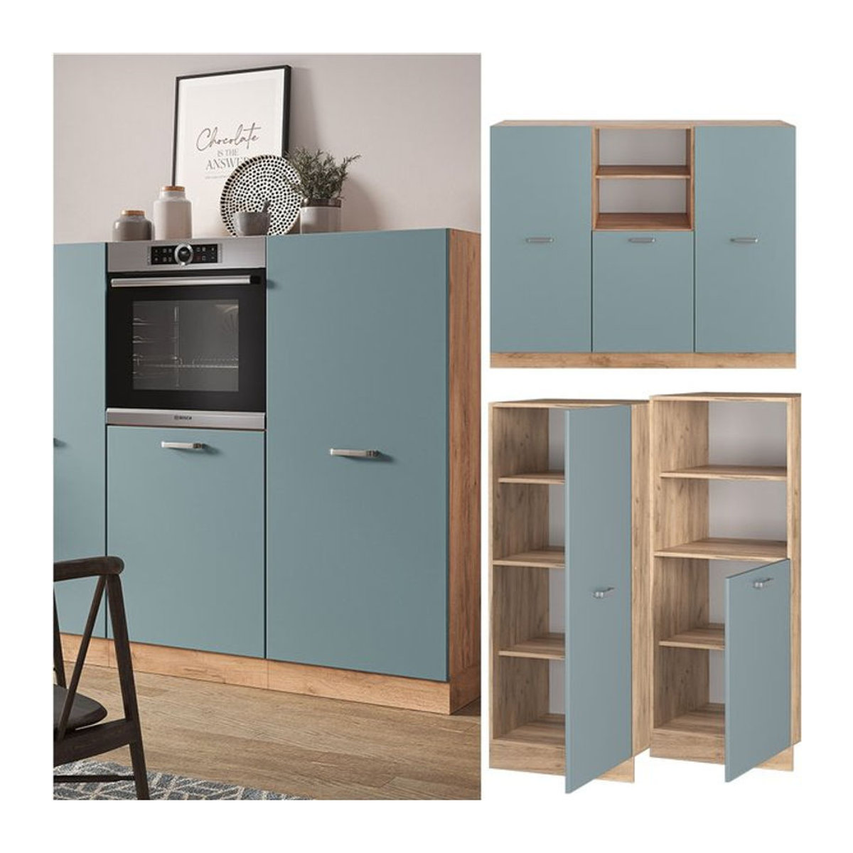 Vicco Küchenzeile R-Line Modern in Eiche Natur, Blau und Grau mit Drehtüren, Breite: 180 cm - Bild 1