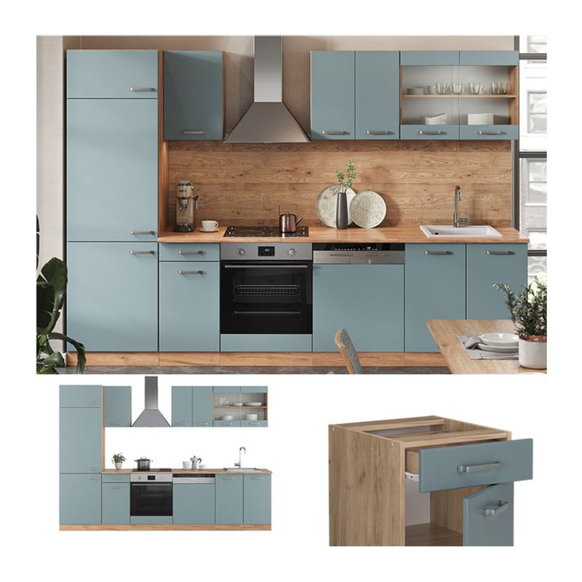Vicco Küchenzeile R-Line Modern in Eiche Natur, Blau und Grau mit Drehtüren, Breite: 300 cm - Bild 1