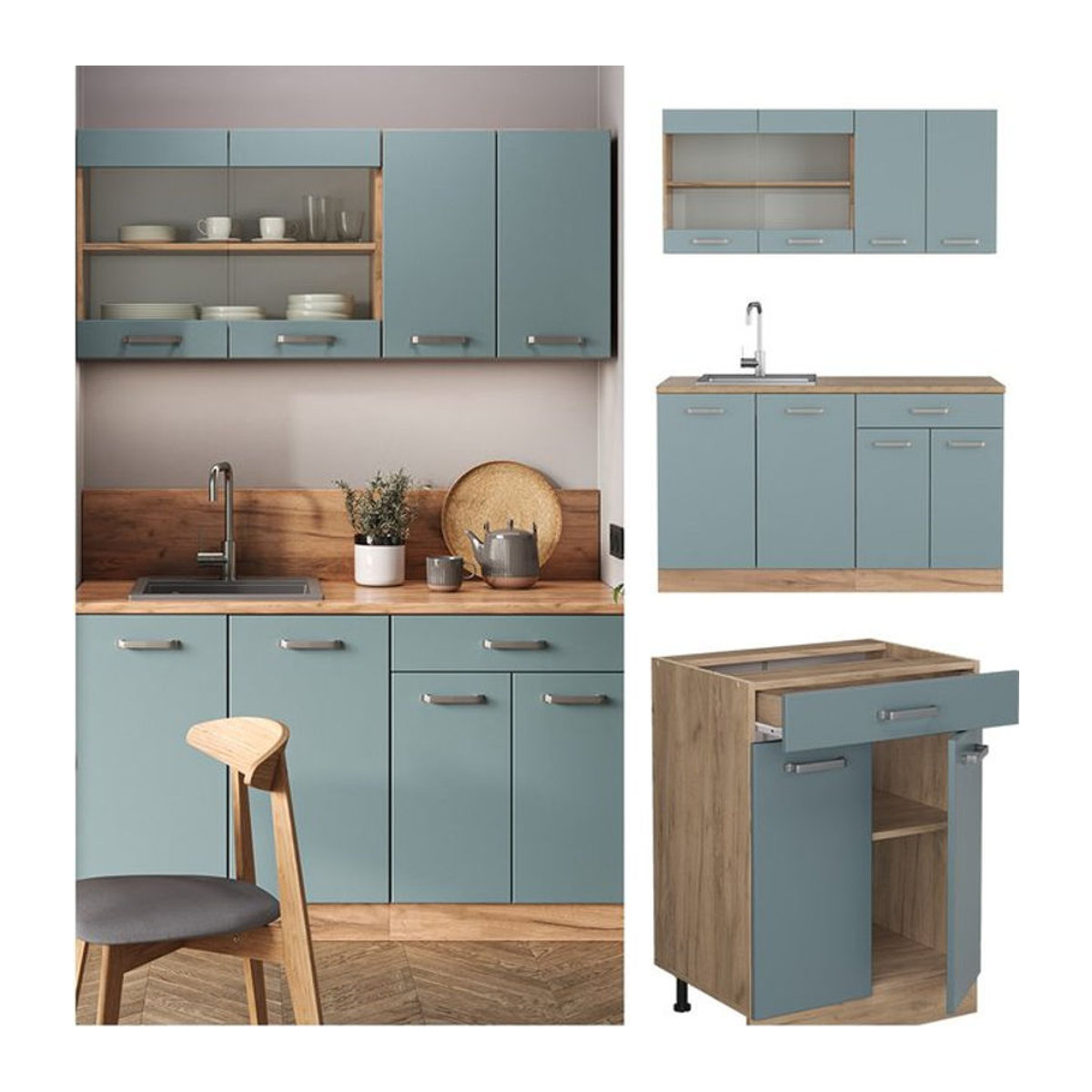 Vicco Küchenzeile R-Line Modern in Eiche Natur mit Blau und Grau, Breite: 140 cm - Bild 1