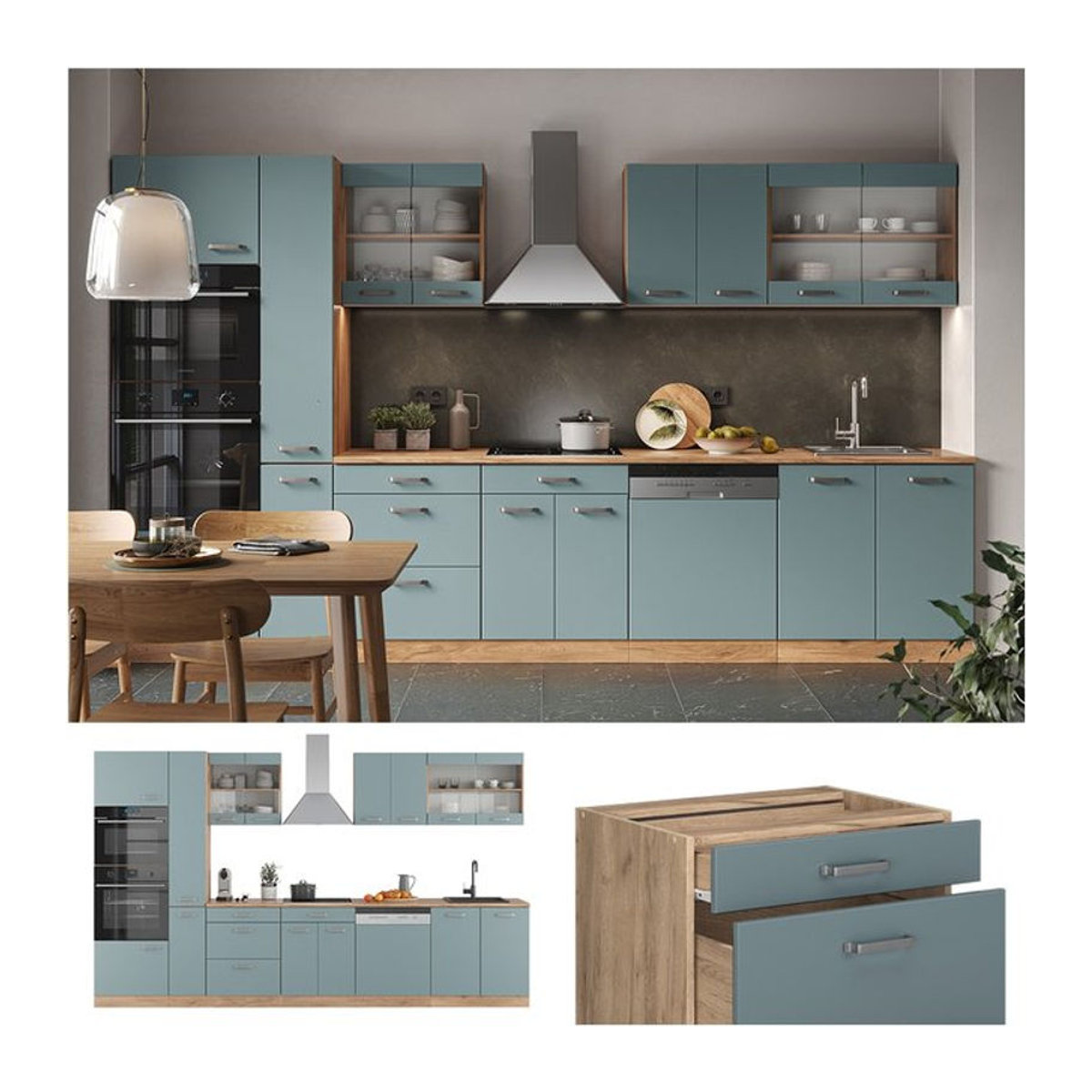 Vicco Küchenzeile R-Line Modern in Eiche Natur mit Blau und Grau, Breite: 350 cm - Bild 1