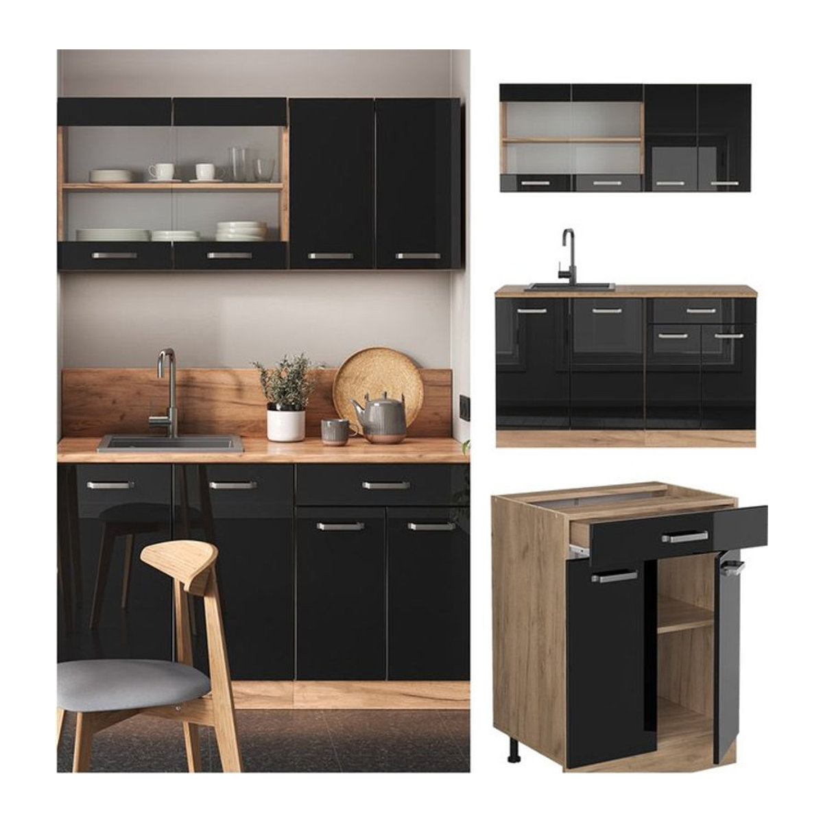 Vicco Küchenzeile R-Line Modern in Eiche Natur und Schwarz mit 140 cm Breite - Bild 1
