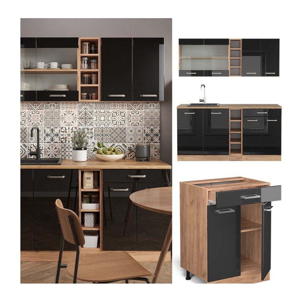 Vicco Küchenzeile R-Line Modern in Eiche Natur und Schwarz mit 160 cm Breite - Bild 1