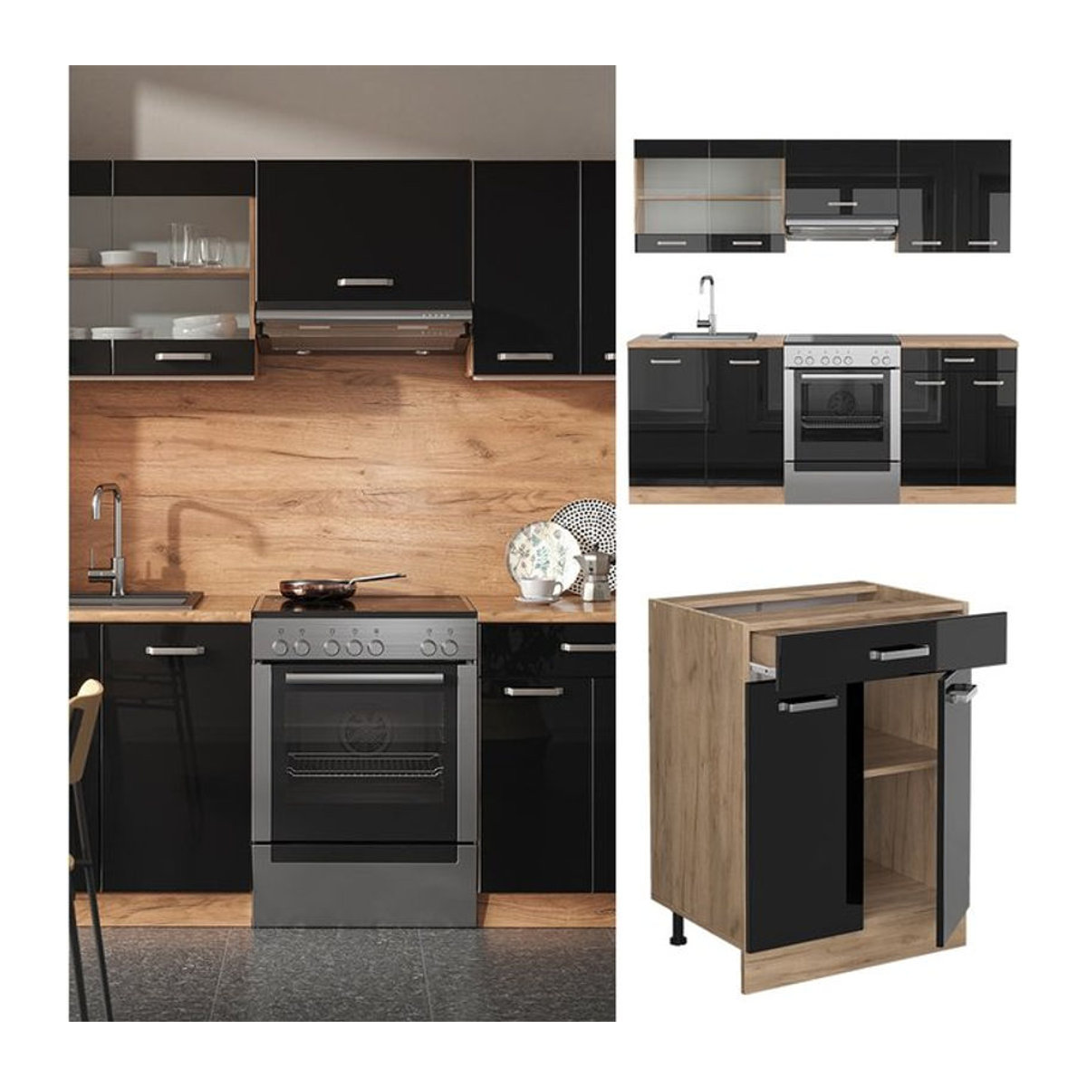 Vicco Küchenzeile R-Line Modern in Eiche Natur und Schwarz mit Drehtüren, Breite: 200 cm - Bild 1