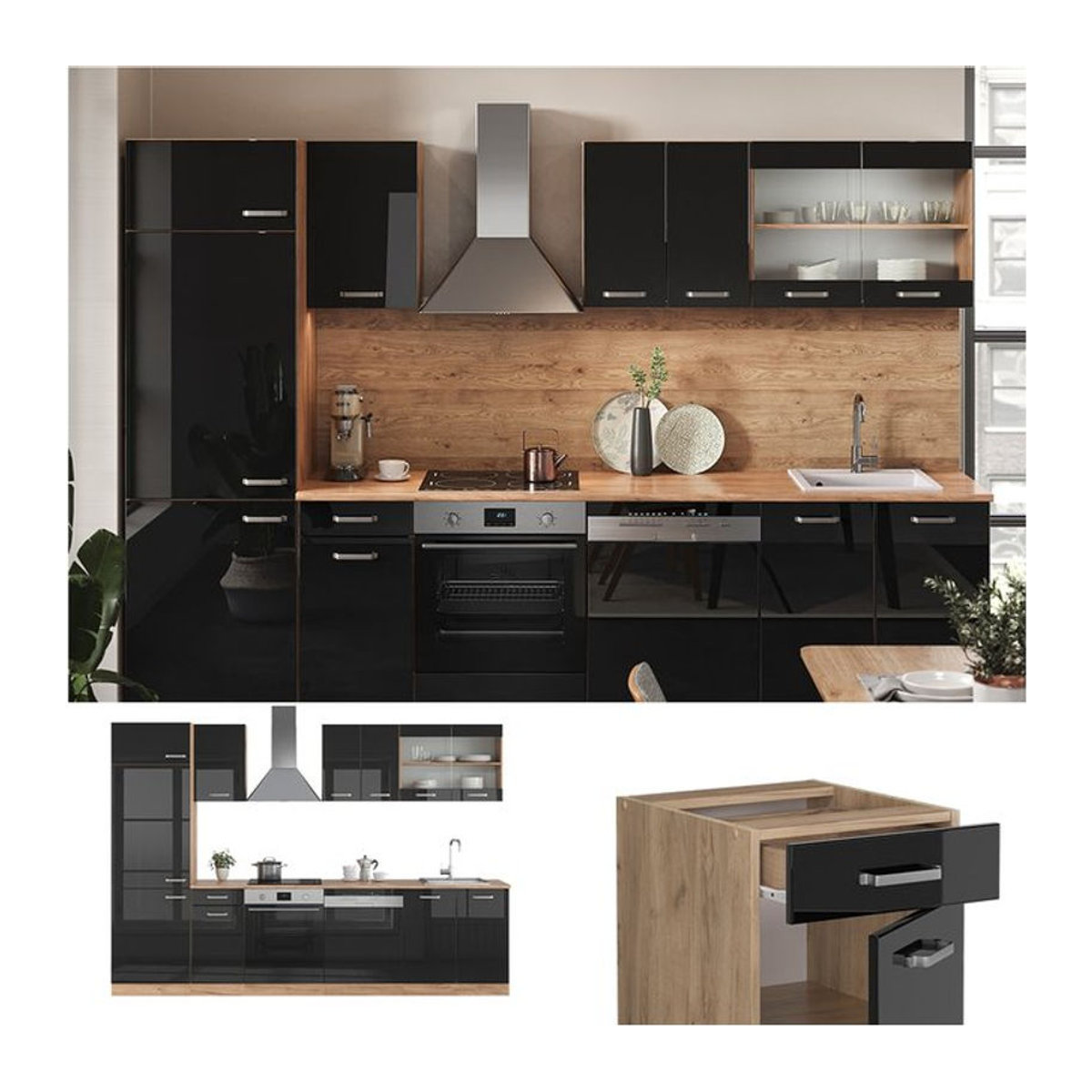 Vicco Küchenzeile R-Line Modern in Eiche Natur und Schwarz mit Drehtüren, Breite: 300 cm - Bild 1