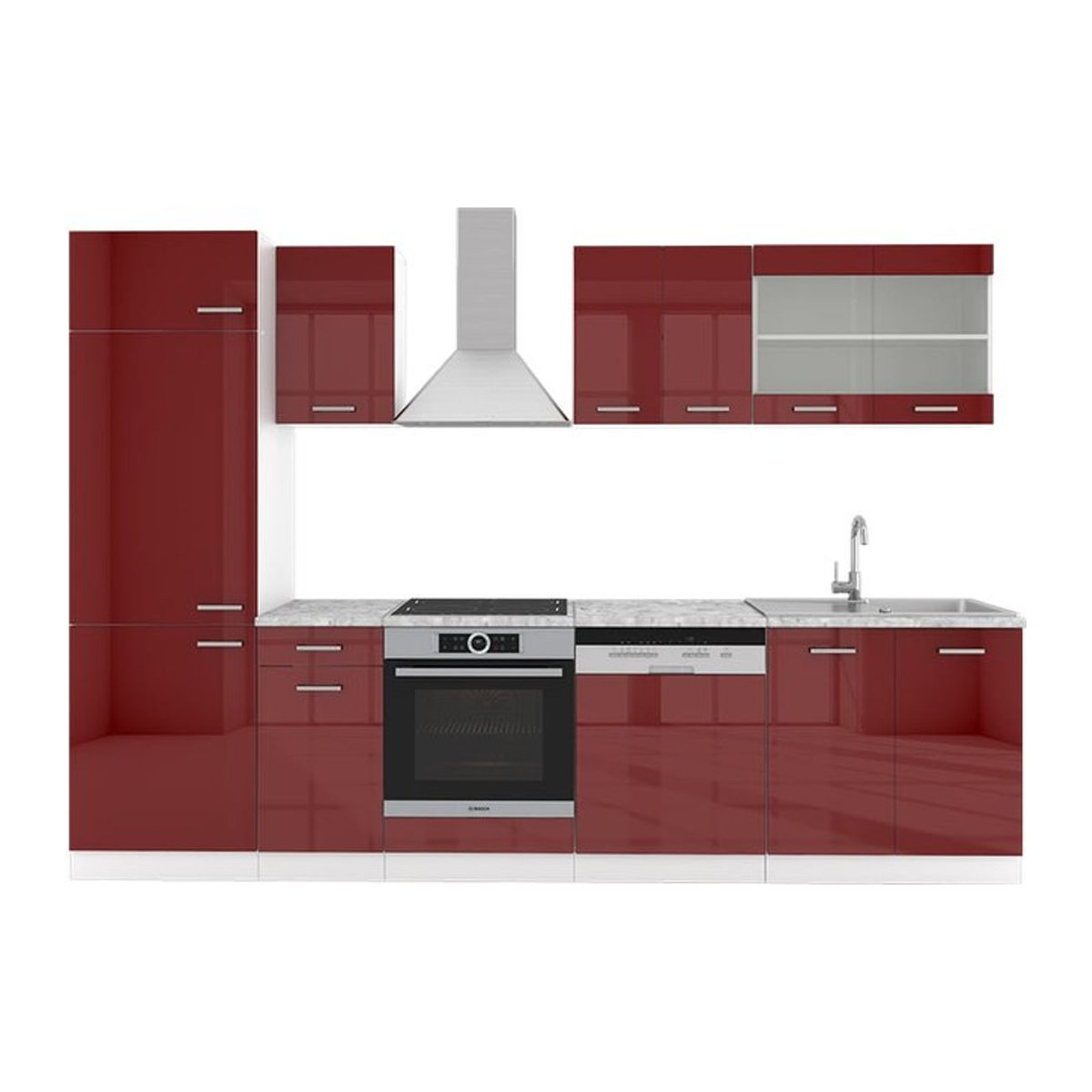 Vicco Küchenzeile R-Line Modern in Rot Bordeaux Hochglanz mit Drehtüren, Breite: 300 cm - Bild 1