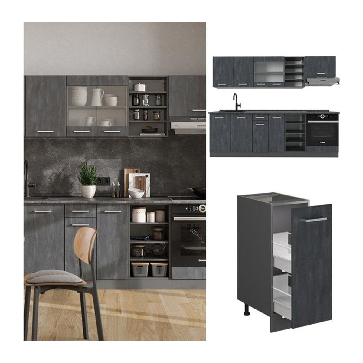 Vicco Küchenzeile R-Line Modern in Schwarz Anthrazit mit Beton-Optik Breite: 240 cm ohne Arbeitsplatte - Bild 1