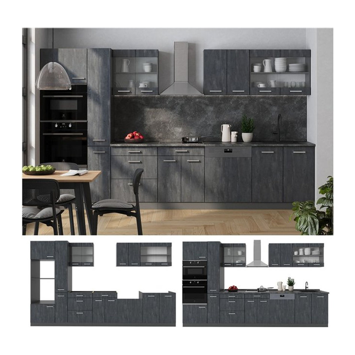 Vicco Küchenzeile R-Line Modern in Schwarz Beton Anthrazit mit 350 cm Breite und passender Arbeitsplatte - Bild 1