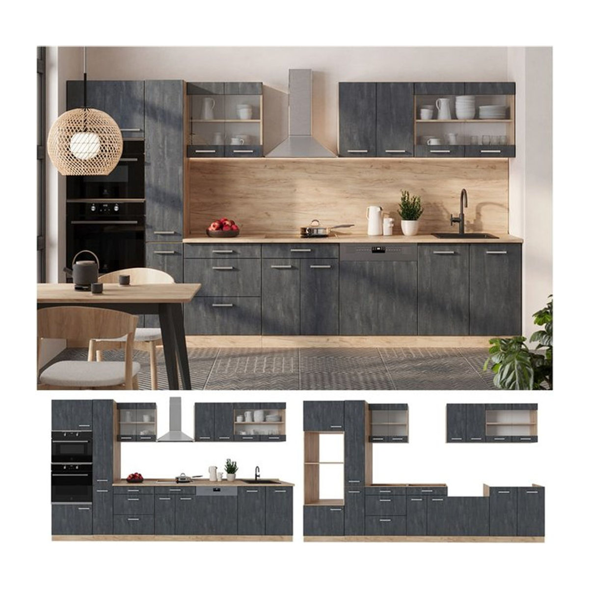 Vicco Küchenzeile R-Line Modern in Schwarz Beton Eiche mit Arbeitsplatte in Anthrazit, Breite: 350 cm - Bild 1