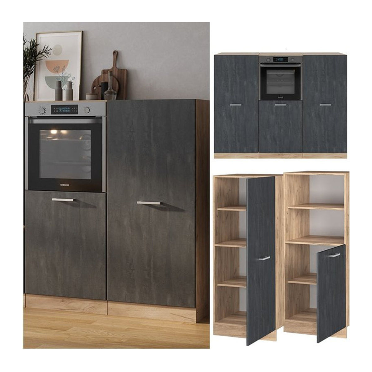 Vicco Küchenzeile R-Line Modern in Schwarz Beton Eiche mit Drehtüren Breite: 180 cm - Bild 1