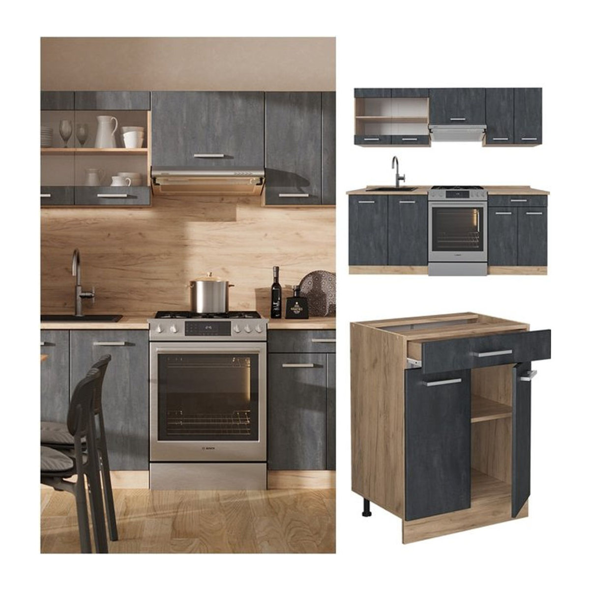 Vicco Küchenzeile R-Line Modern in Schwarz, Beton und Eiche mit Drehtüren, Breite: 200 cm, ohne Arbeitsplatte - Bild 1