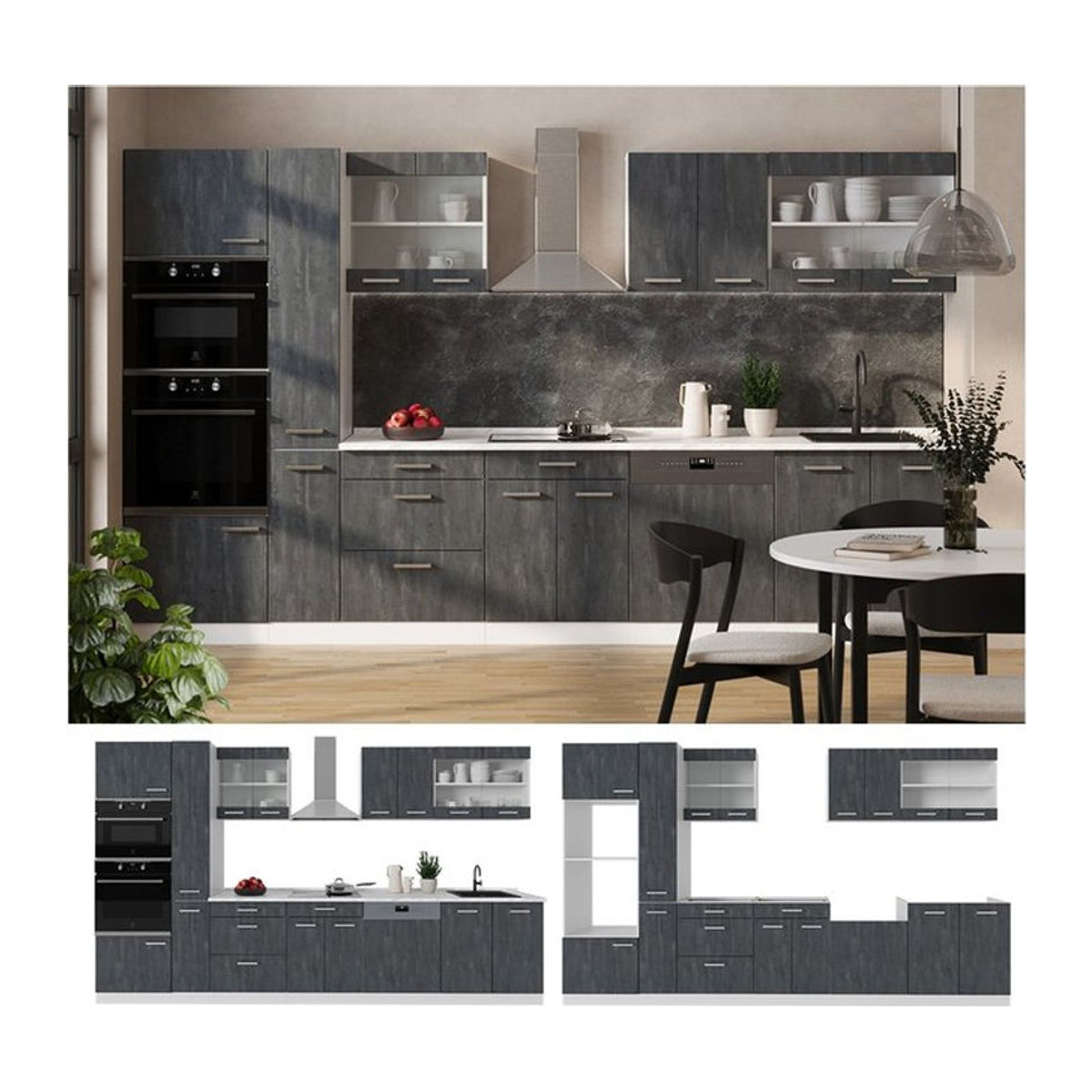 Vicco Küchenzeile R-Line Modern in Schwarz Beton und Weiß mit Arbeitsplatte in Anthrazit, Breite: 350 cm - Bild 1