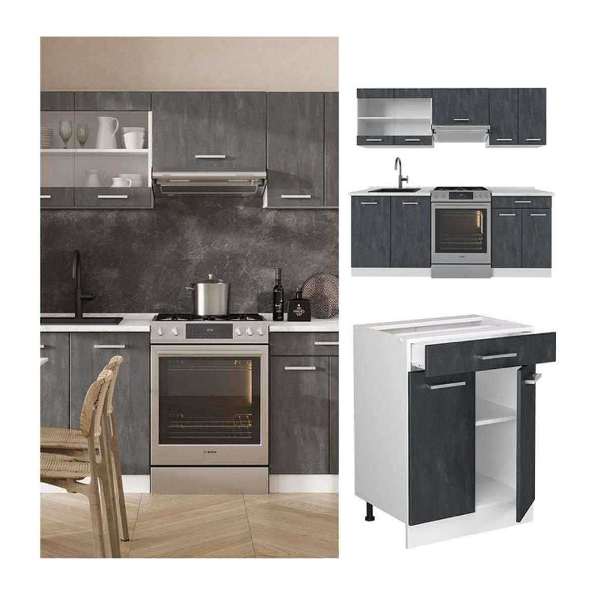 Vicco Küchenzeile R-Line Modern in Schwarz Beton und Weiß mit Arbeitsplatte in Weiß Marmor, Breite: 200 cm - Bild 1