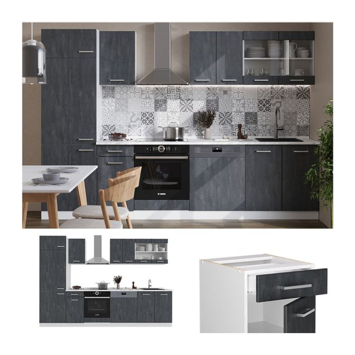 Vicco Küchenzeile R-Line Modern in Schwarz Beton Weiß mit Drehtüren, Breite: 300 cm - Bild 1