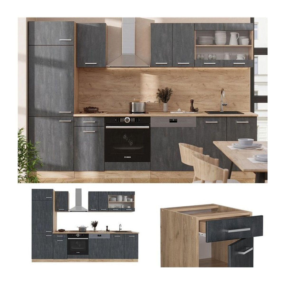 Vicco Küchenzeile R-Line Modern in Schwarz, Grau, Beton und Eiche mit Drehtüren, Breite: 300 cm, ohne Arbeitsplatte - Bild 1