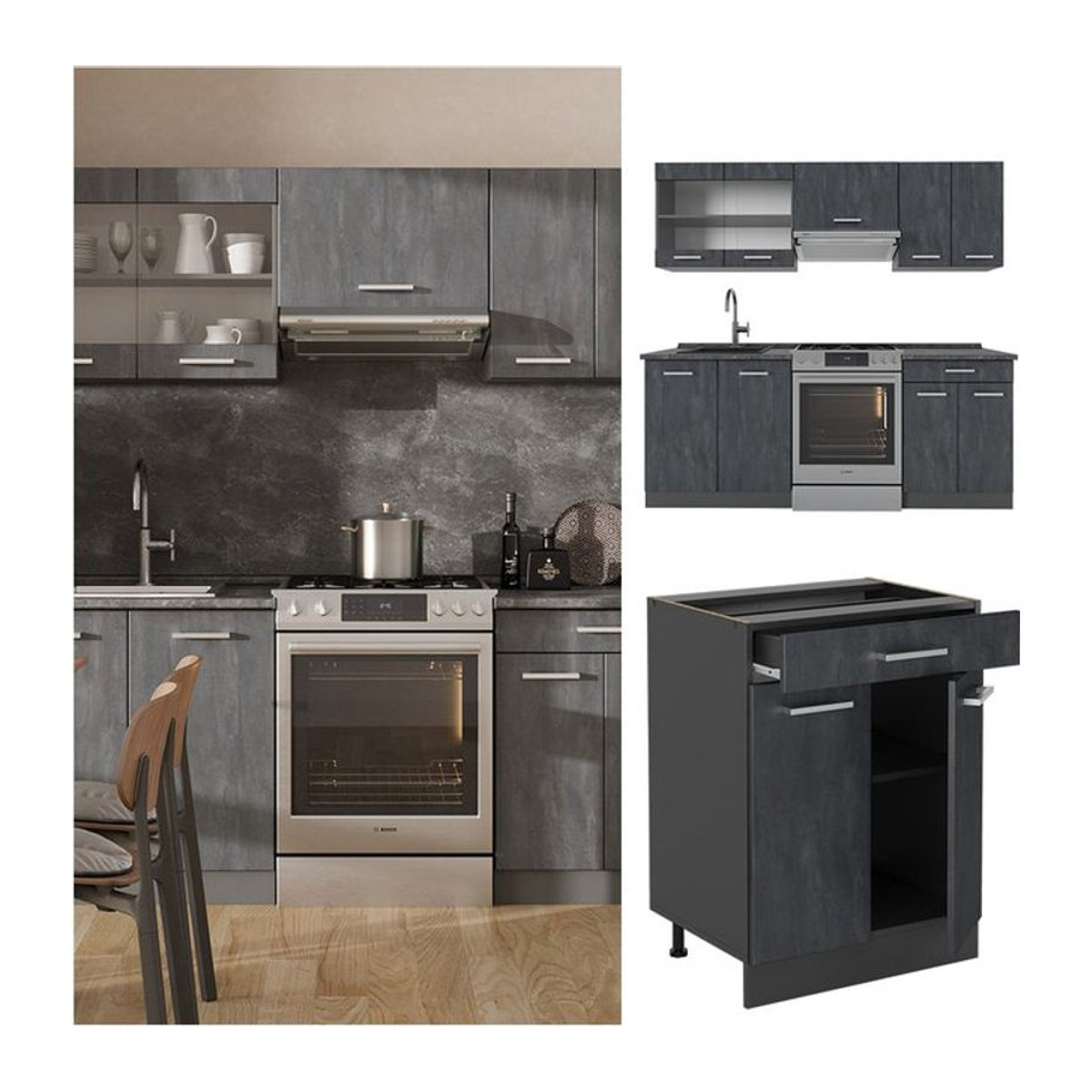 Vicco Küchenzeile R-Line Modern in Schwarz und Anthrazit mit Drehtüren, Breite: 200 cm, ohne Arbeitsplatte - Bild 1