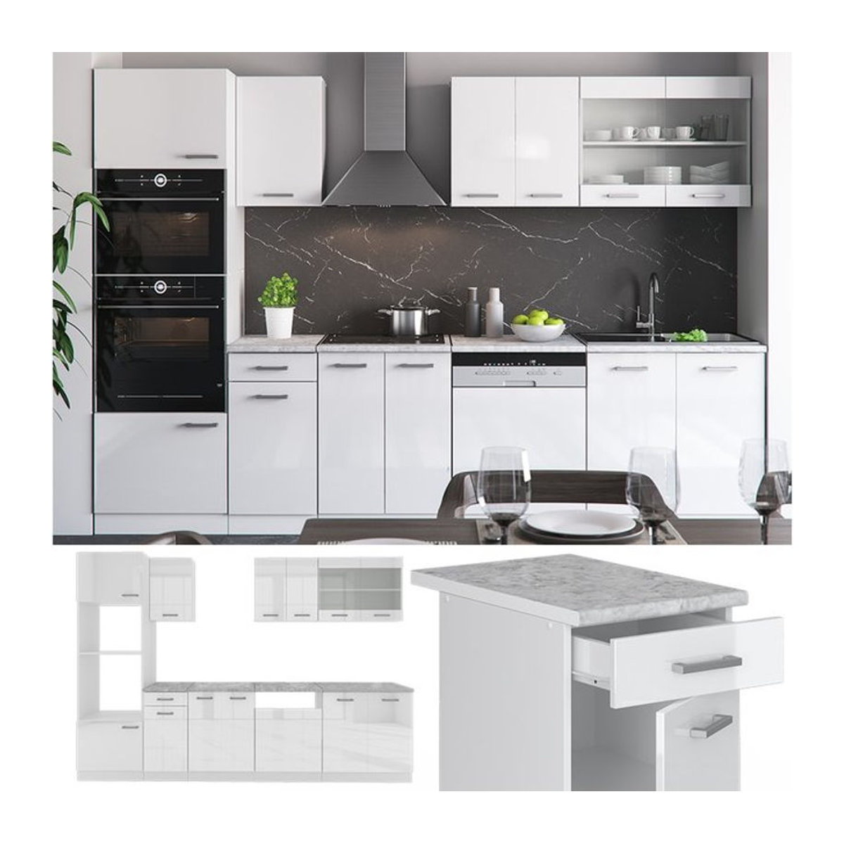 Vicco Küchenzeile R-Line Moderne Einbauküche in Weiß Hochglanz Breite: 300 cm - Bild 1