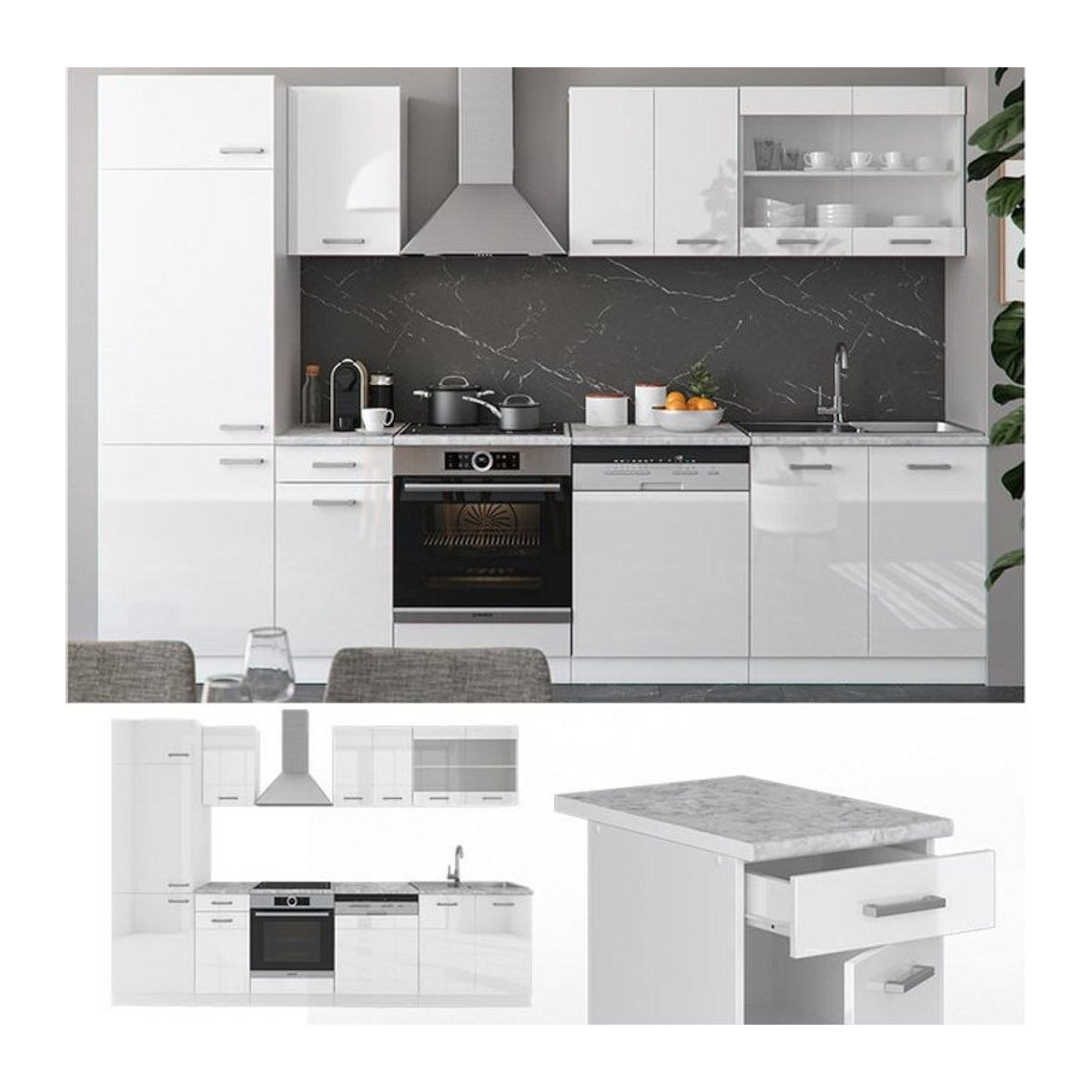 Vicco Küchenzeile R-Line Moderne Einbauküche in Weiß Hochglanz mit 300 cm Breite - Bild 1