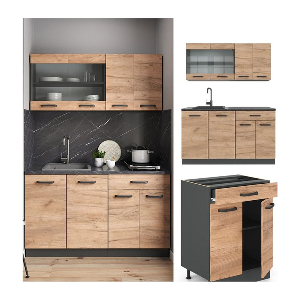 VICCO Küchenzeile R-LINE SINGLE Einbauküche in Anthrazit und Eiche Natur mit 140 cm Breite - Bild 1