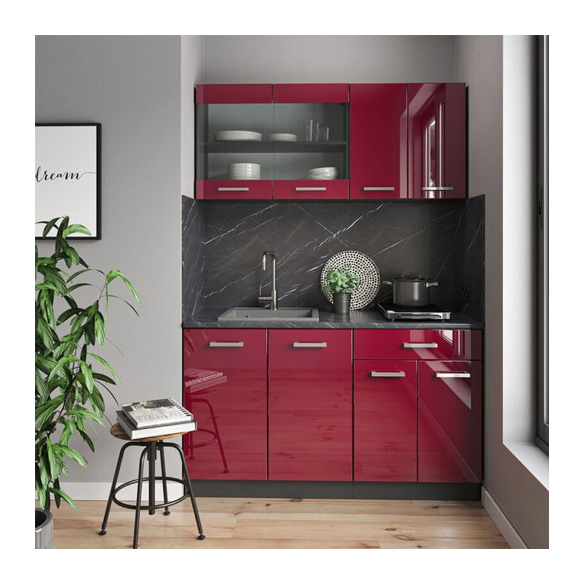 Vicco Küchenzeile R-Line Single Einbauküche in Bordeaux und Anthrazit Hochglanz, Breite: 140 cm - Bild 1