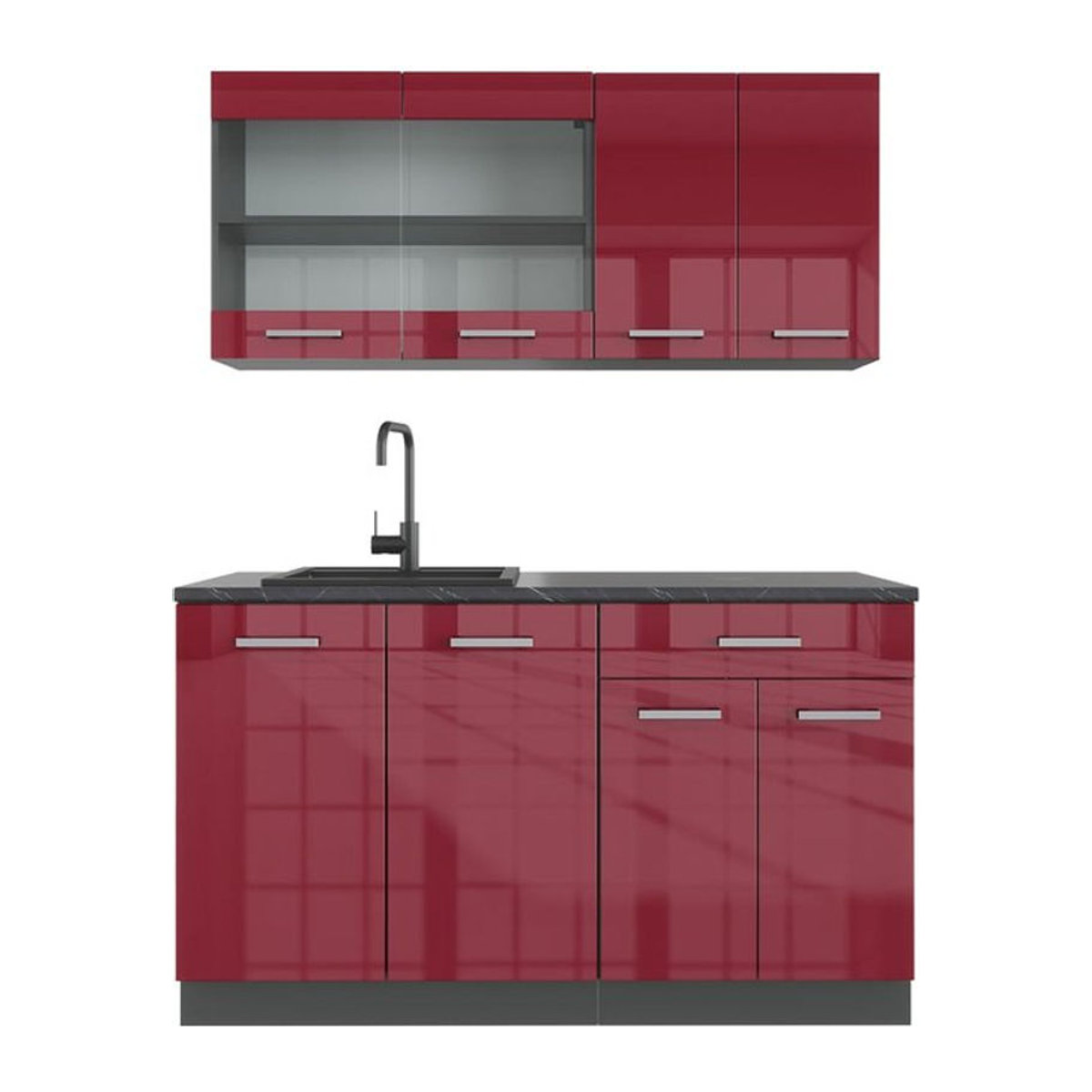 Vicco Küchenzeile R-Line Single Einbauküche in Bordeaux und Anthrazit Hochglanz, Breite: 140 cm - Bild 2