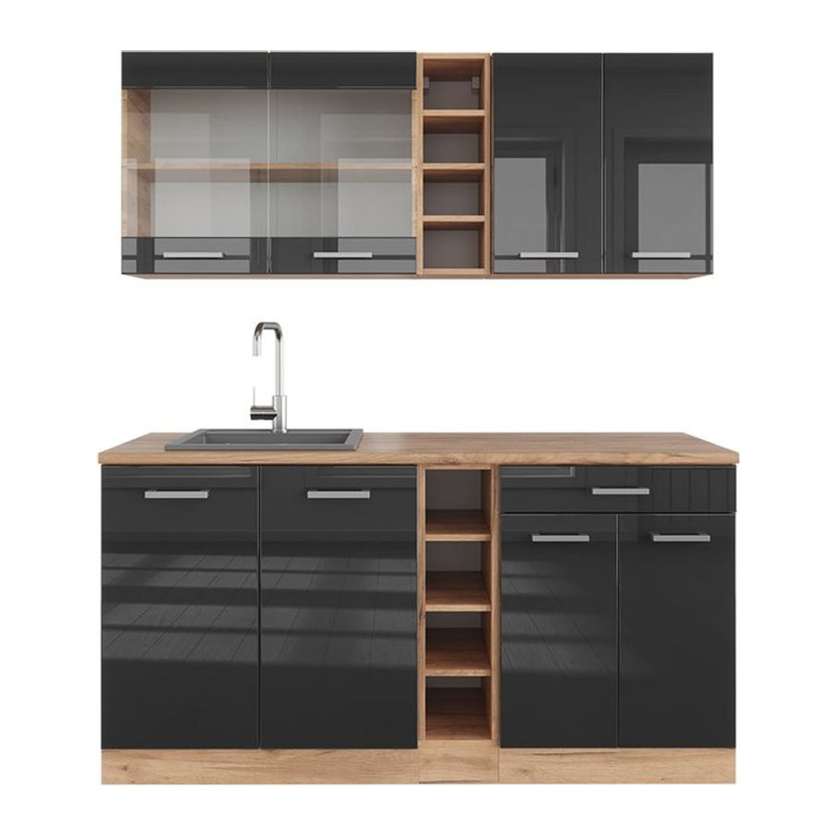 Vicco Küchenzeile R-Line Single in Anthrazit Hochglanz und Eiche Natur, Breite: 160 cm - Bild 1