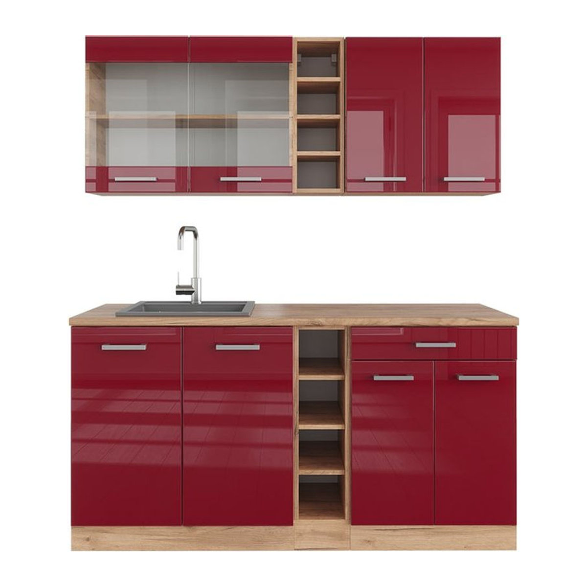 Vicco Küchenzeile R-Line Single in Bordeaux Hochglanz und Eiche Natur mit 160 cm Breite - Bild 1