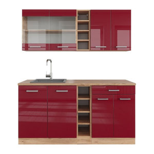 Vicco Küchenzeile R-Line Single in Bordeaux Hochglanz und Eiche Natur mit 160 cm Breite