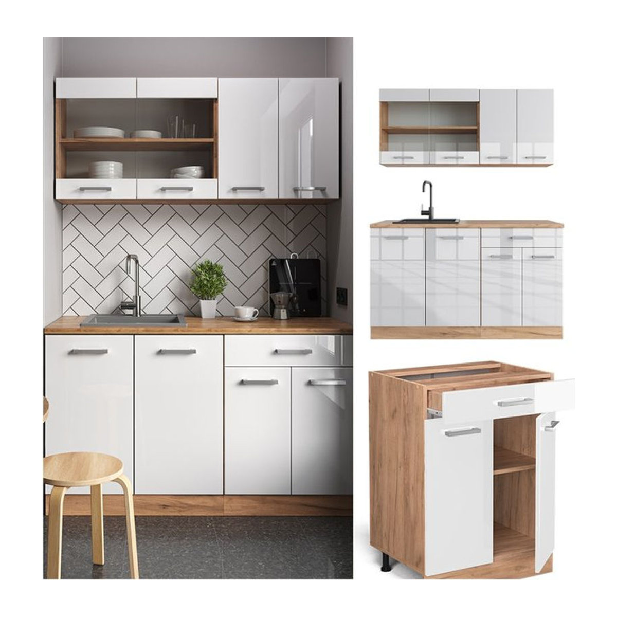 Vicco Küchenzeile R-Line Single in Weiß Hochglanz Modern mit Drehtüren - Bild 1