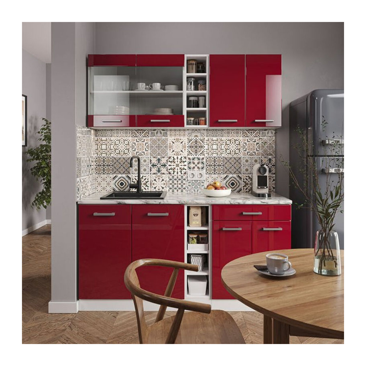 Vicco Küchenzeile R-Line Single in Weiß und Bordeaux mit Marmor-Arbeitsplatte, Breite: 160 cm - Bild 2