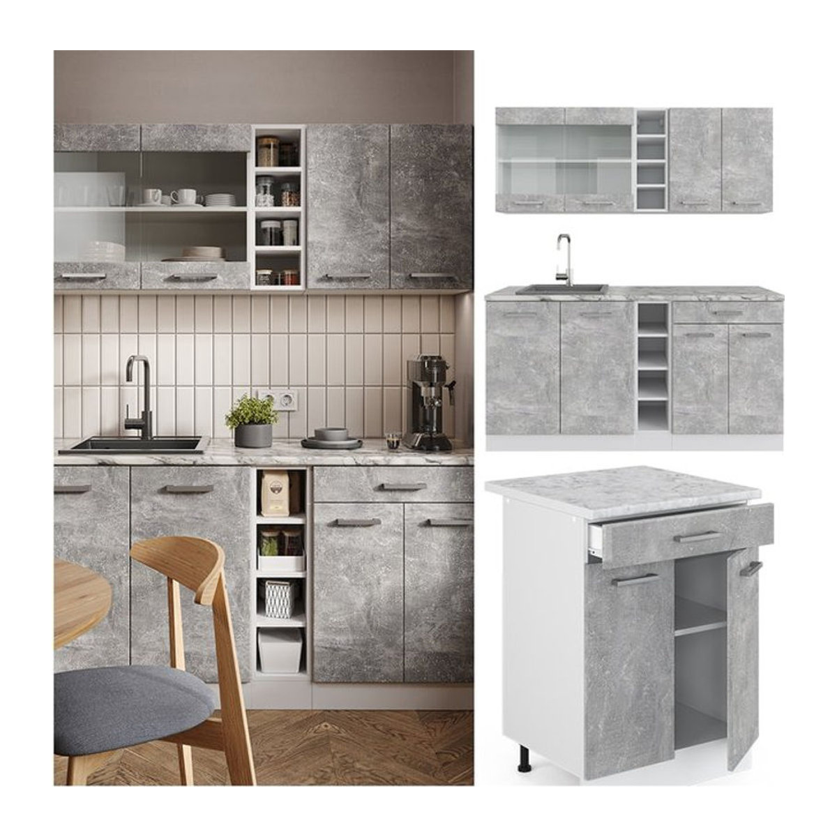 Vicco Küchenzeile R-Line Single in Weiß und Grau mit Beton-Arbeitsplatte, Breite: 160 cm - Bild 1