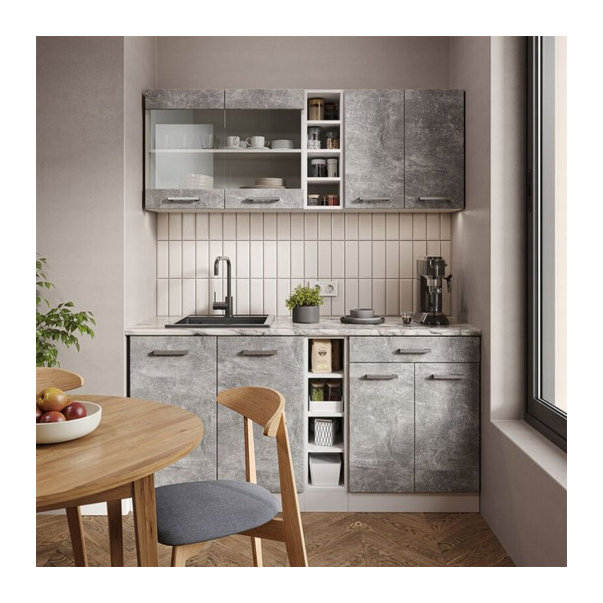 Vicco Küchenzeile R-Line Single in Weiß und Grau mit Beton-Arbeitsplatte, Breite: 160 cm - Bild 2